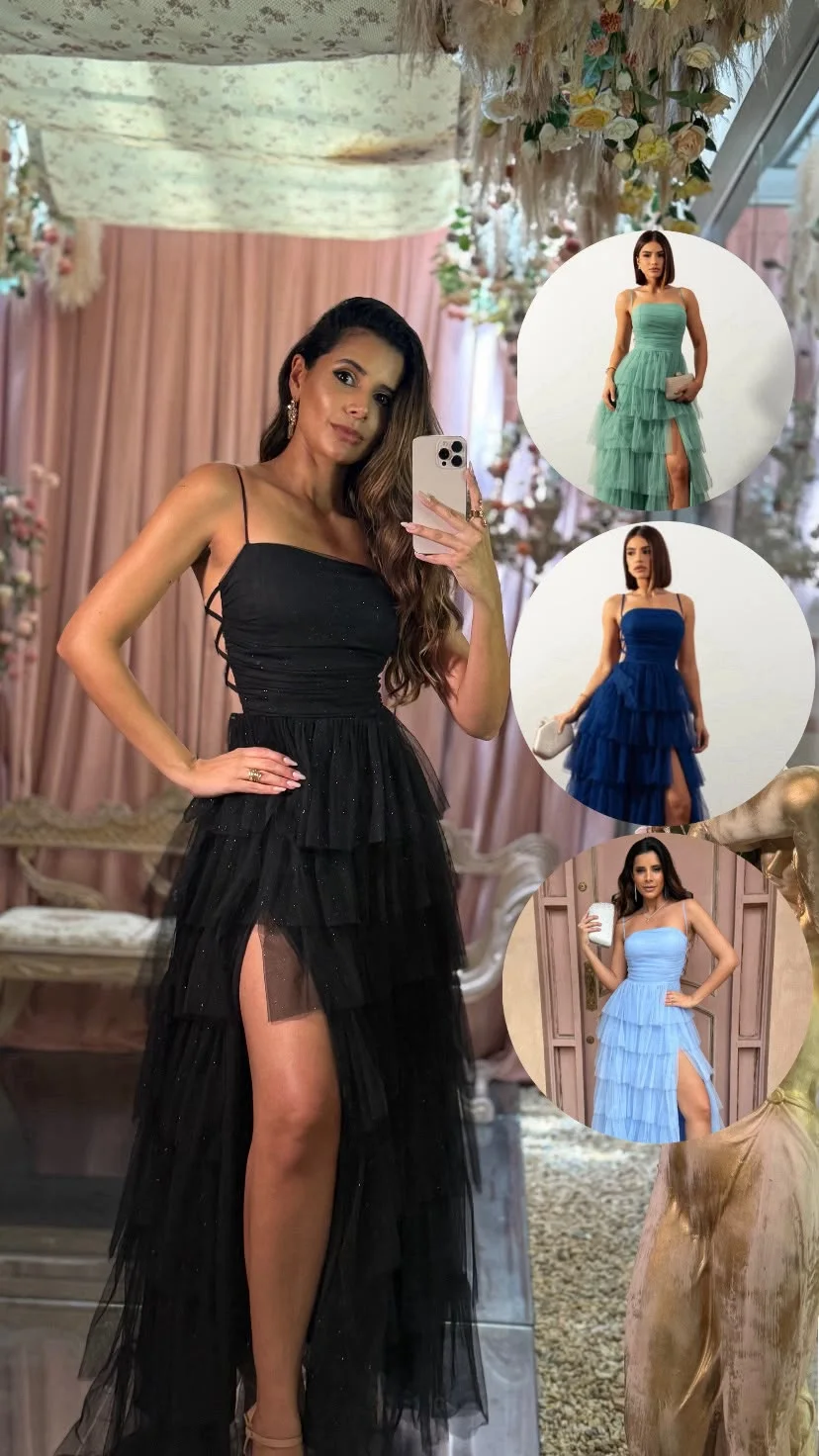 Vestido de festa com saia em camadas